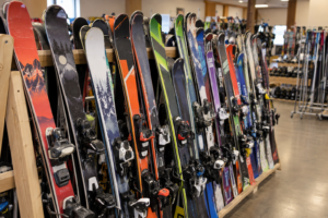 A rack of used skis and snowboards at Canyon Sports in Salt Lake City